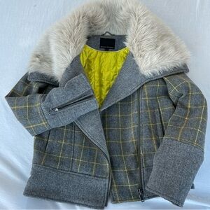 BANANA REPUBLIC MOTO Jacket Gray Yellow Plaid Faux Fur Wool Blend Size Small